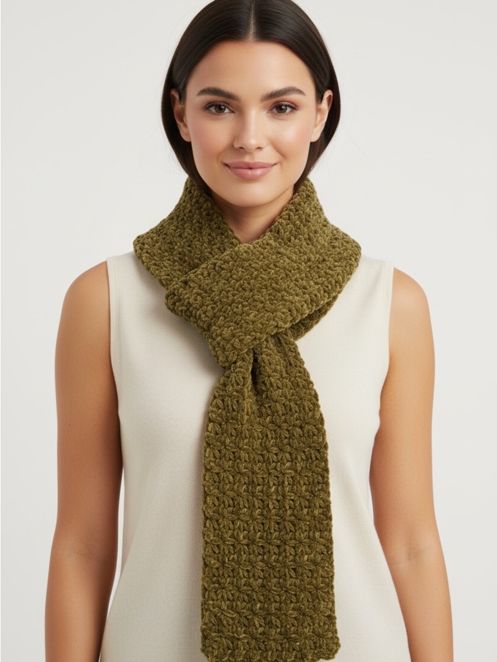 Cozy Olive Green Plush Handmade Crochet Knit Scarf